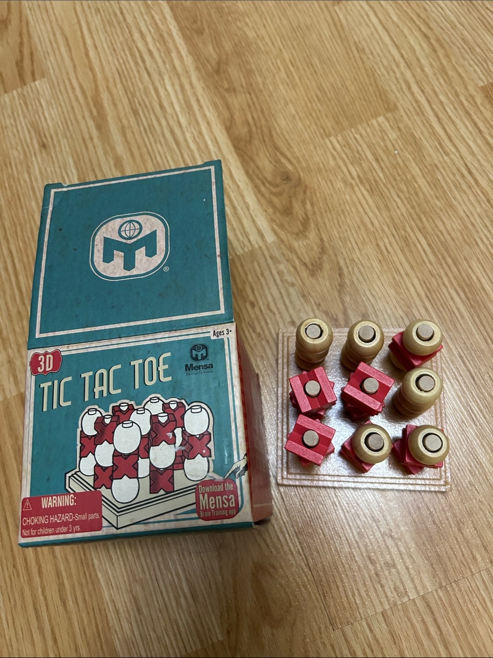 3D Tic Tac Toe Game - Teal Box with Red and Natural Wooden Pieces